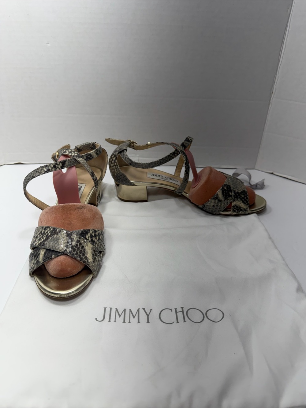 JIMMY CHOO MERIT ICONIC KHAKI SNAKE GOLD LOGO HEEL SANDALS EU 37(6.5US)